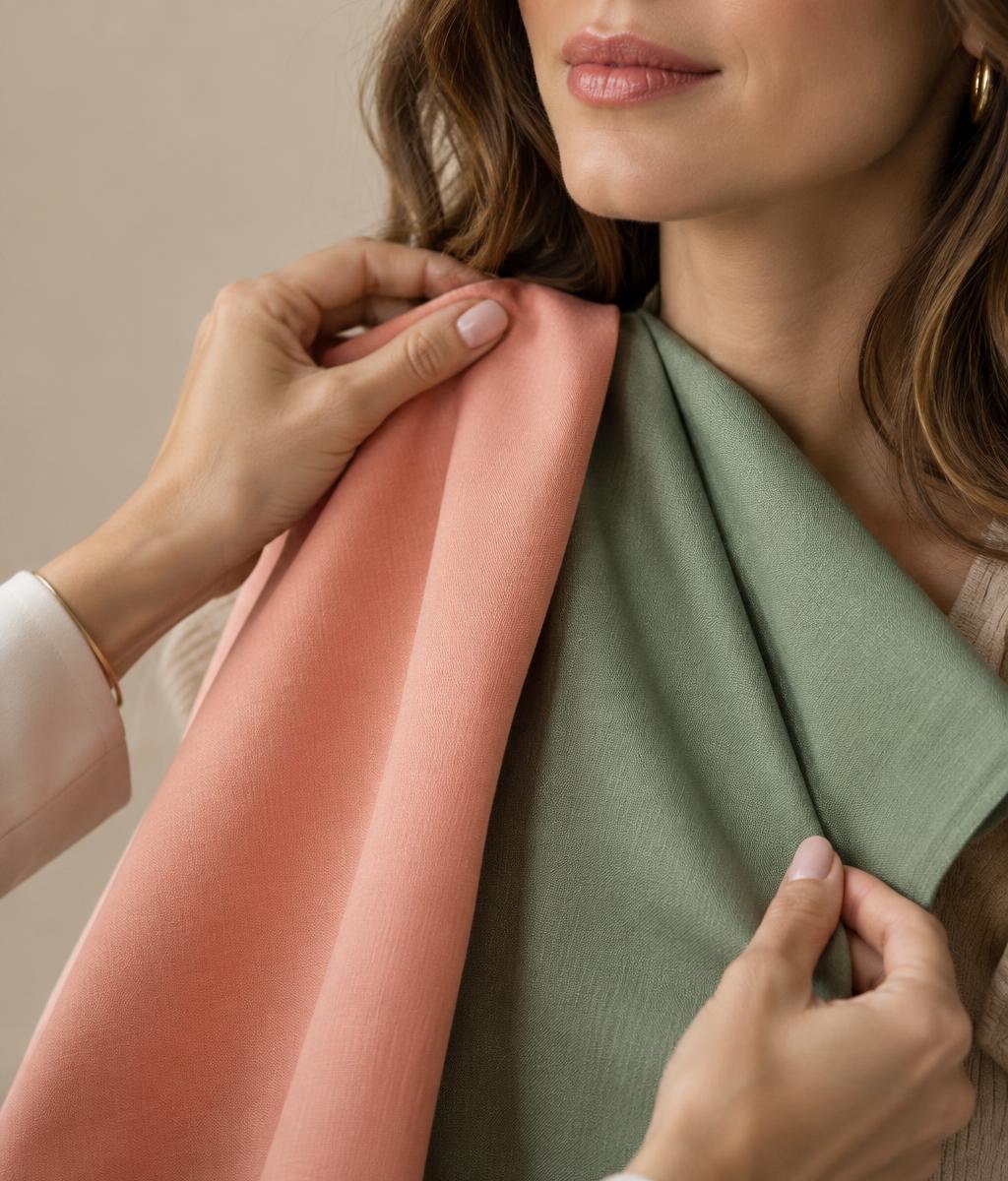 Peach and sage color drapes compared beneath a client's chin